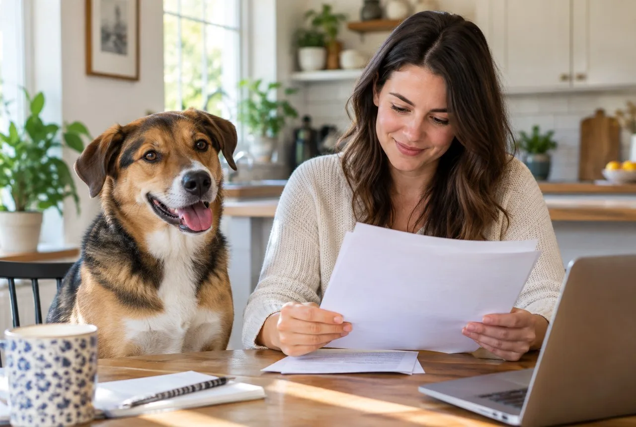 Caregiver reading a document beside a brown-and-white dog