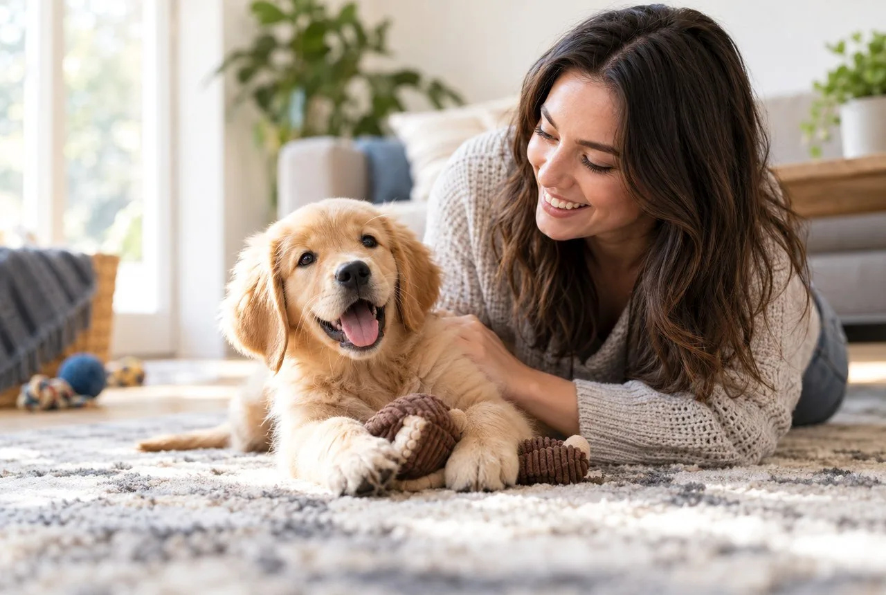 Caregiver sitting on the floor beside a young dog at home